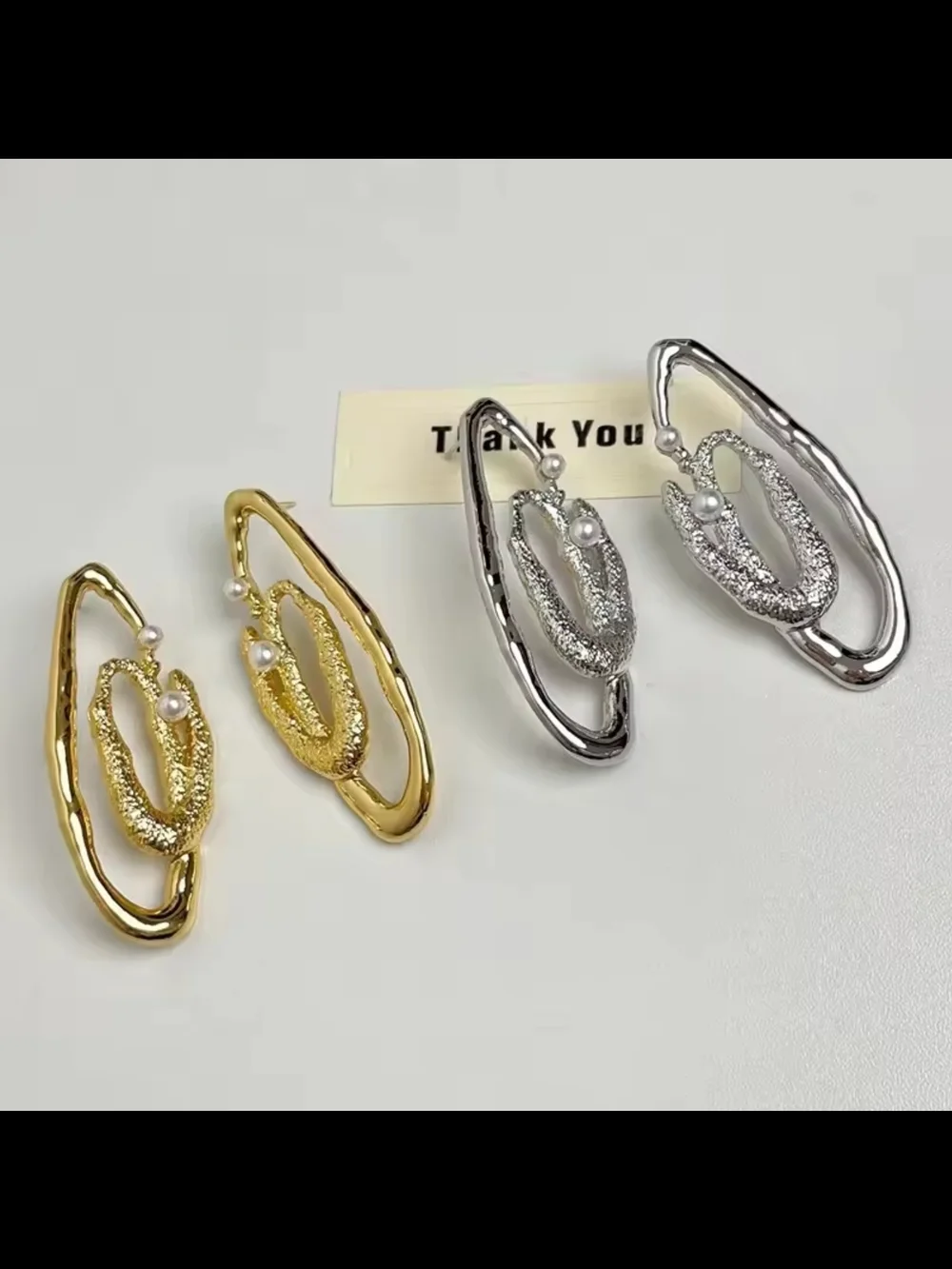 Gold Textured Loop Earrings with Pearl Accents - Picture 3 of 3